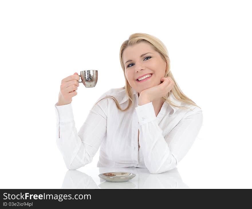 Pretty business woman drinking cup of coffee