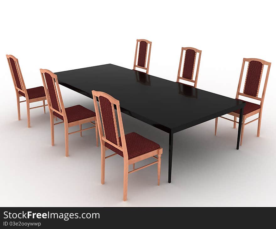 Six wooden chairs and black table