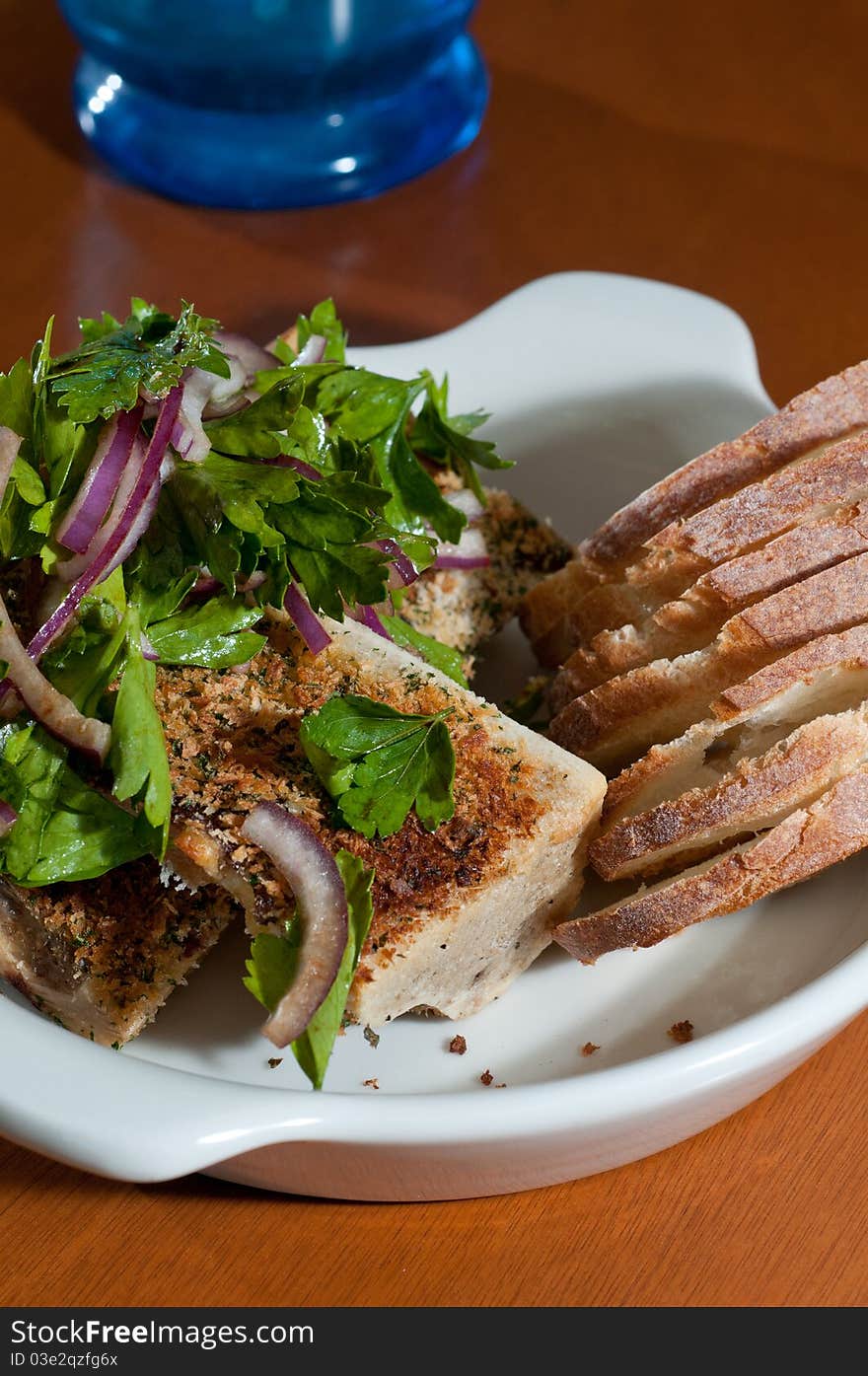 Bone marrow with bread and greens. Bone marrow with bread and greens