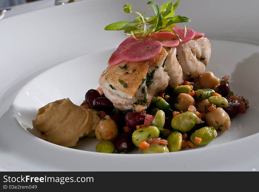 Black grouper over a salad of beans with radish. Black grouper over a salad of beans with radish