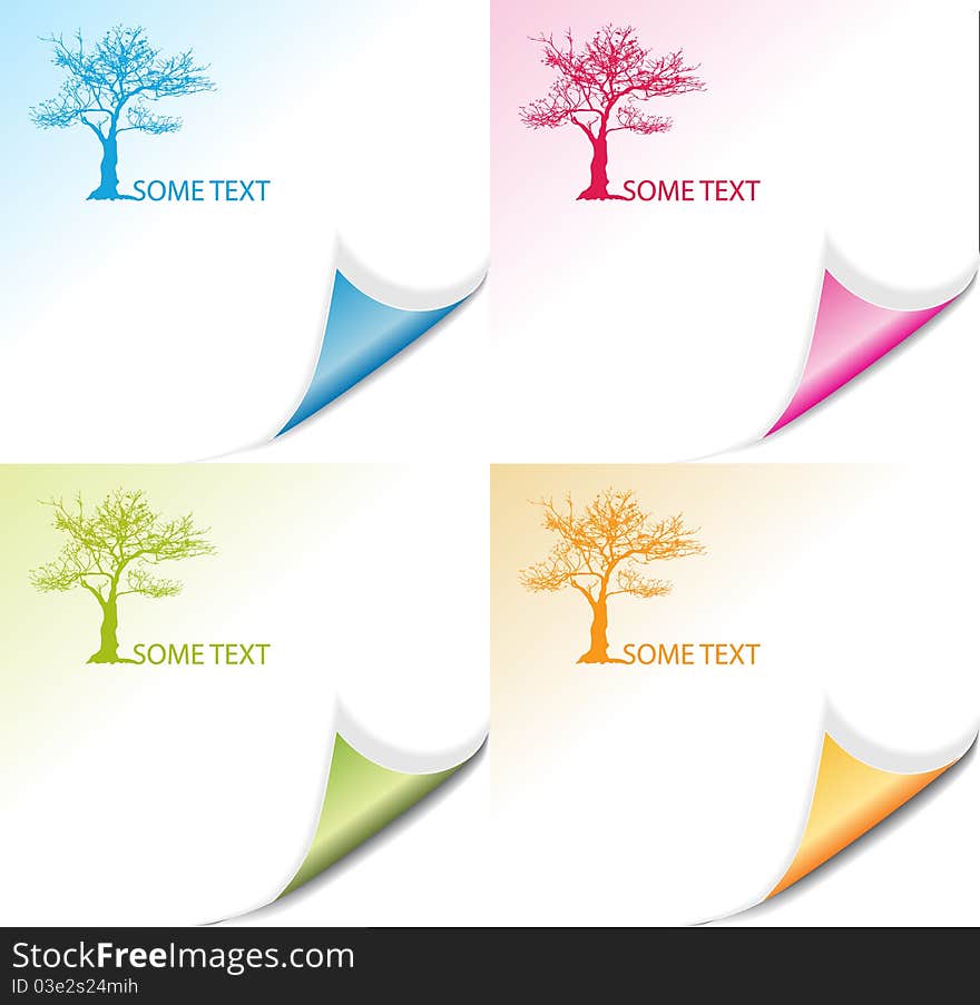 Set of four colorful corners and trees