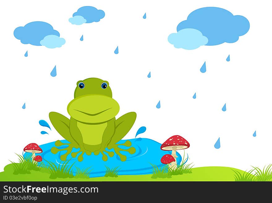 Illustration of frog sitting in rainy day on natural background. Illustration of frog sitting in rainy day on natural background