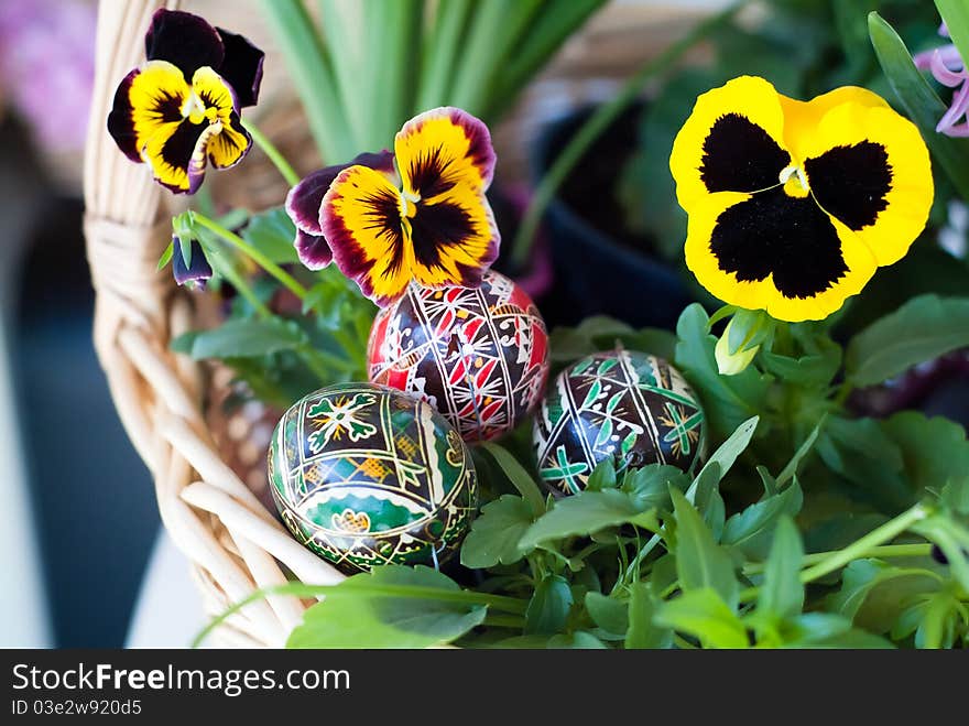 Flowers and traditional easter eggs