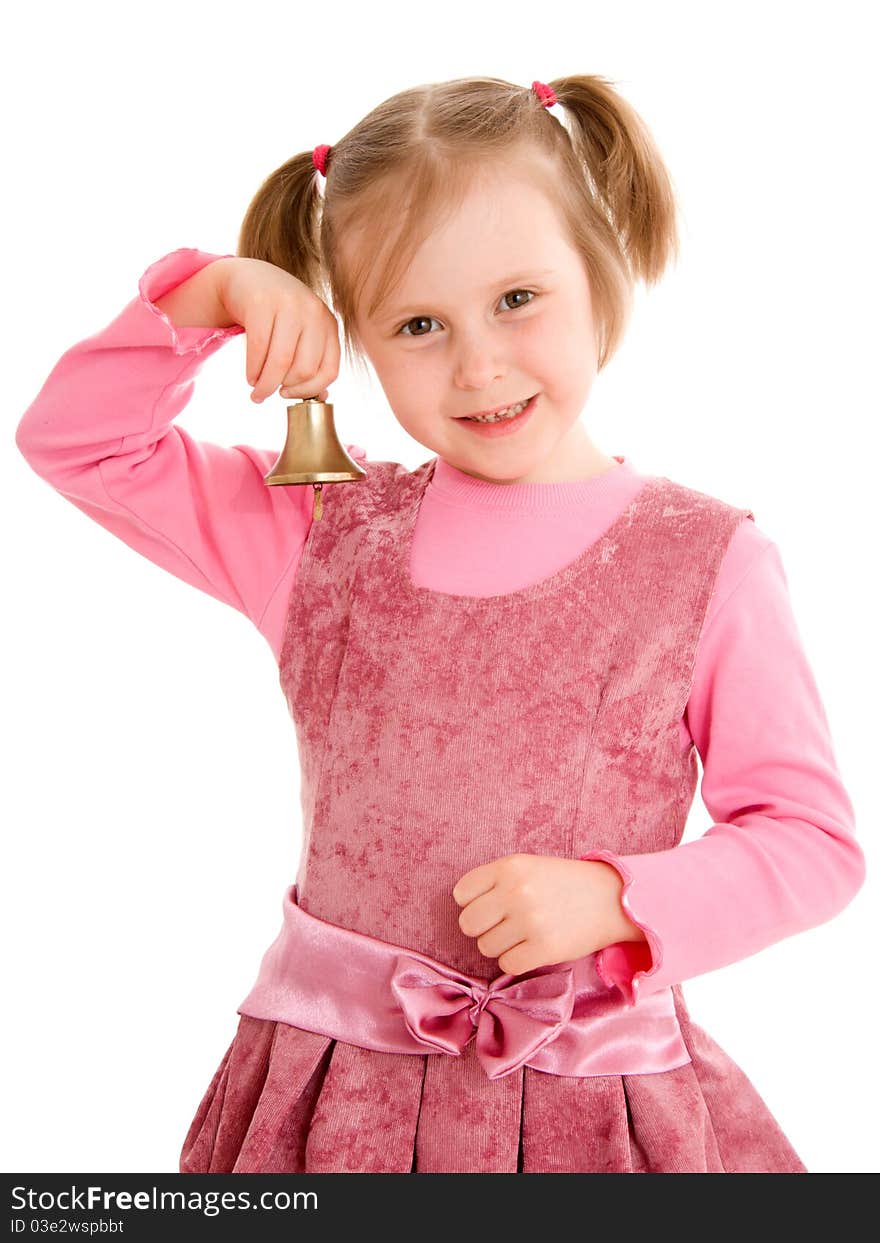 A girl with a bell on a white background.