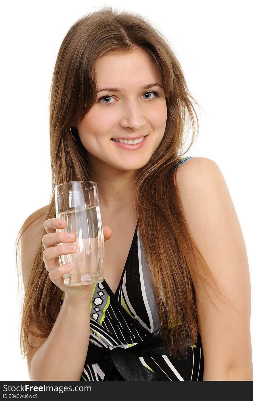 Young woman with glass of water isolated against white background