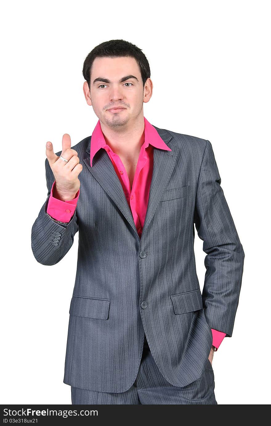 Business man in a gray suit and pink shirt