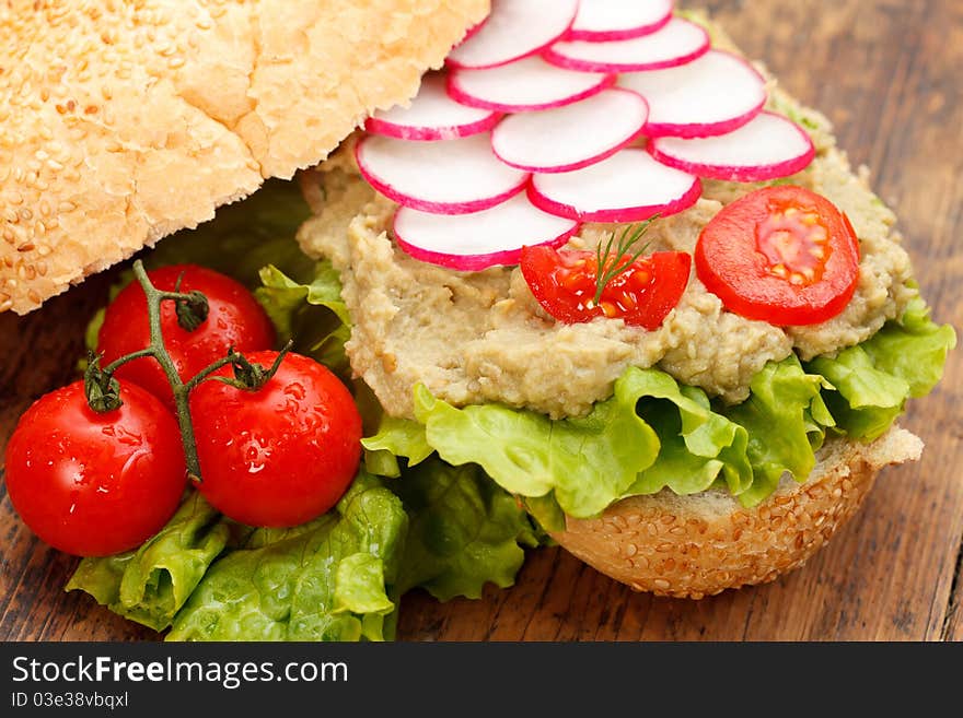 Eggplant salad with bread and delicious vegetables. Eggplant salad with bread and delicious vegetables