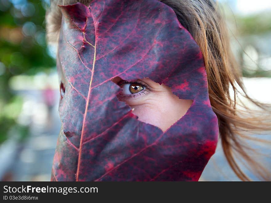 Girl looking through the leaf. Playing.