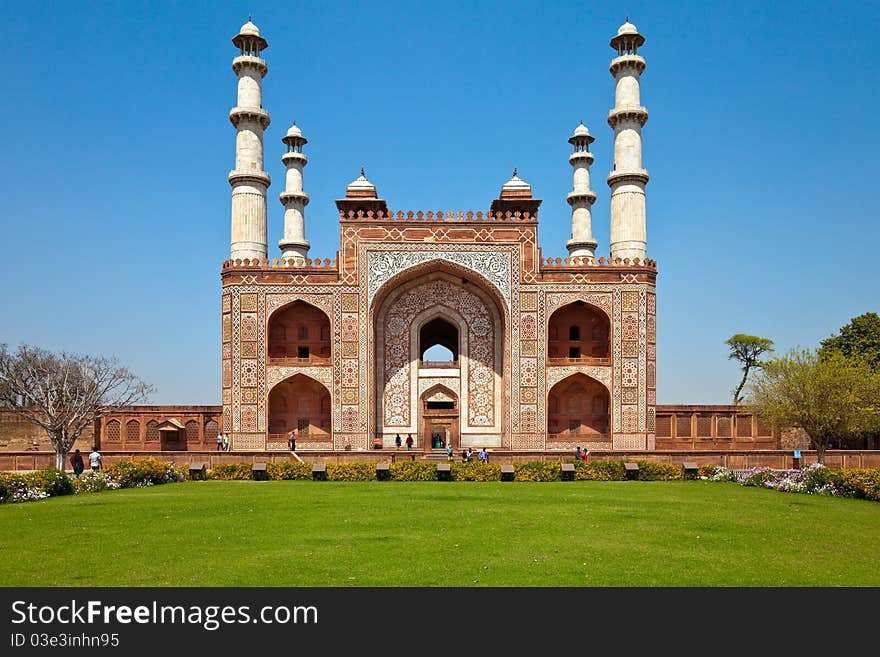 The entrance to the Sikandra monument in Agra, where Akbar the Great is buried. The entrance to the Sikandra monument in Agra, where Akbar the Great is buried.