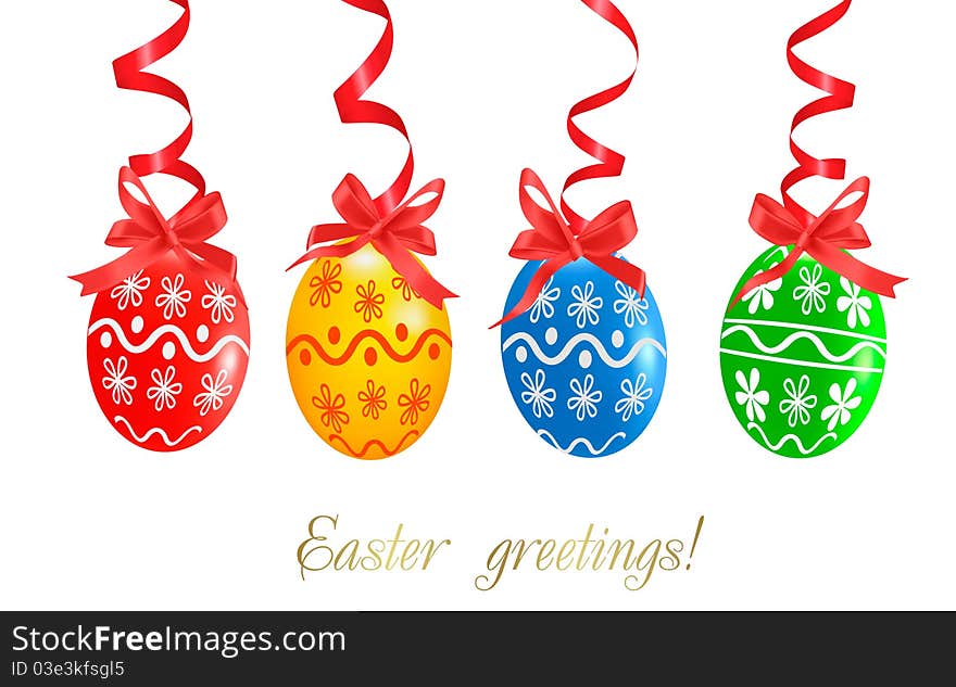 Colorful Easter Eggs with red ribbons. Vector illustration.