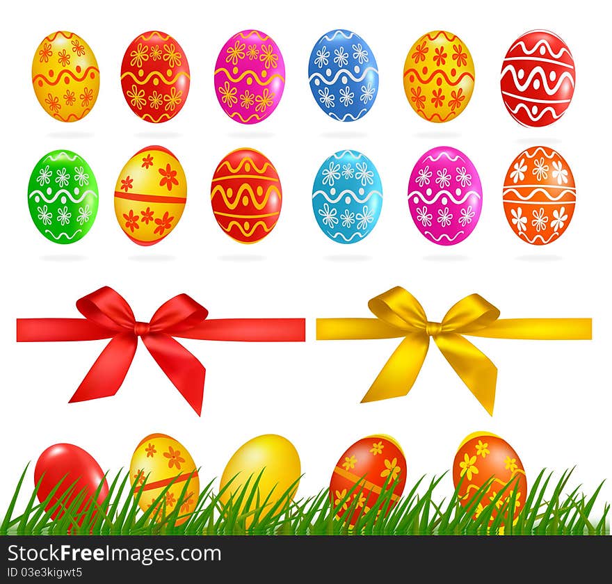 Big collection of different Easter eggs, tree, ribbons. vector illustration.