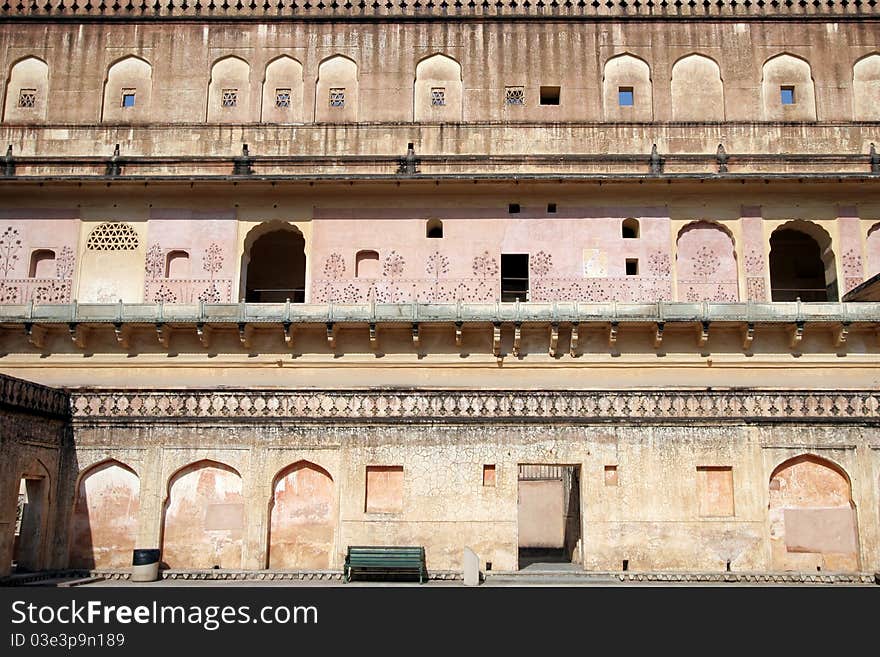 Detail of facade of Amber Fort, Jaipur, Rajasthan, India.