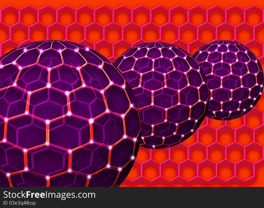 Abstract background containing three spheres and honeycombs