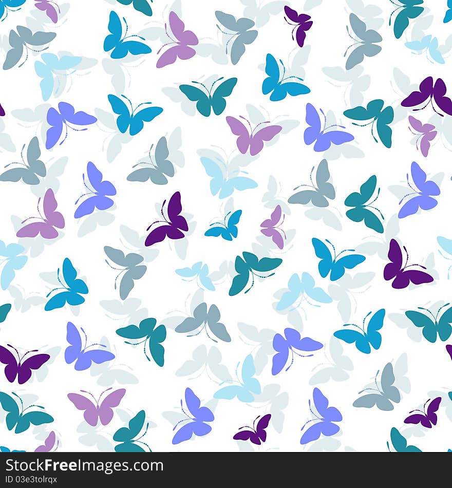 Seamless white pattern with blue and violet butterflies. Seamless white pattern with blue and violet butterflies