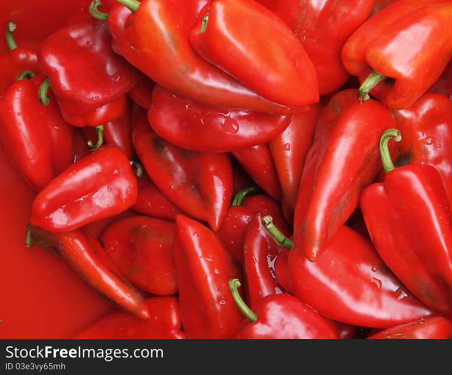 Fresh red peppers with the water drops