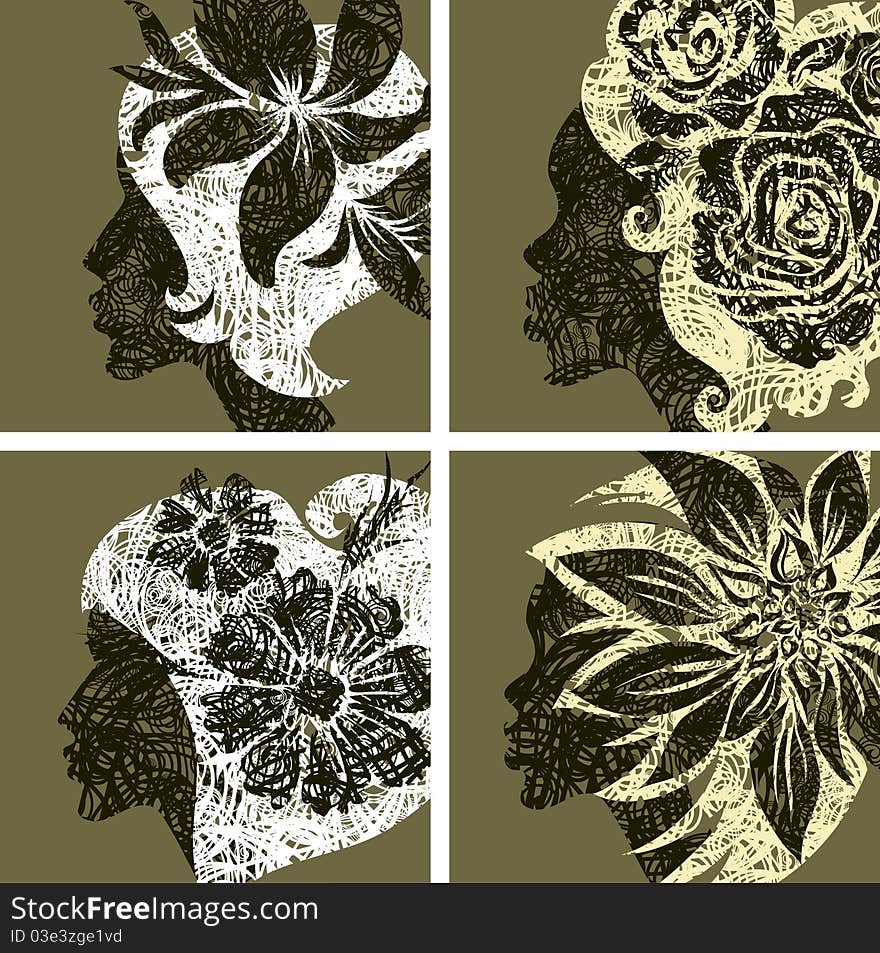 Vector set of grunge vintage girls hair