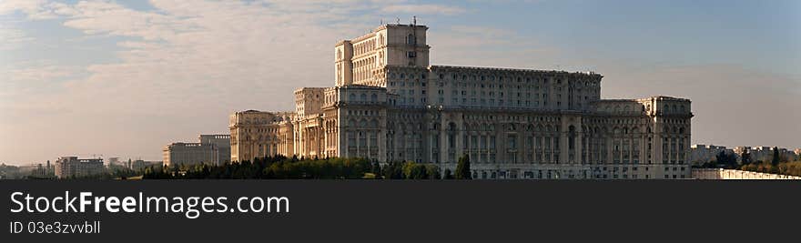 Romania, Bucharest, The Palace Of The Parliament in the morning sunrise. The image was made out of several high resolution vertical shots, merged into a big horizontal one. Romania, Bucharest, The Palace Of The Parliament in the morning sunrise. The image was made out of several high resolution vertical shots, merged into a big horizontal one.