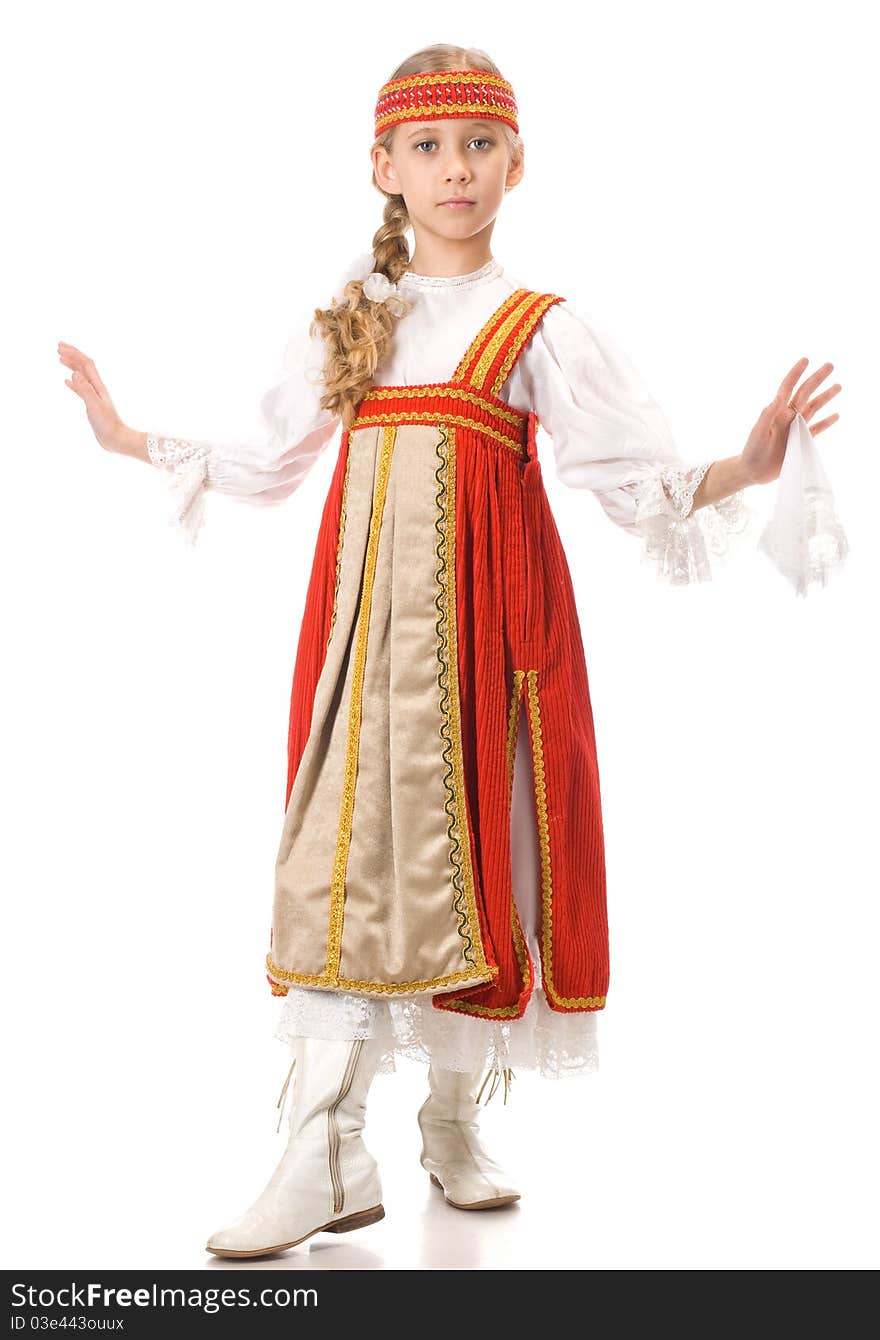 Portrait of a dancing young girl in Belarussian national dress. Portrait of a dancing young girl in Belarussian national dress.