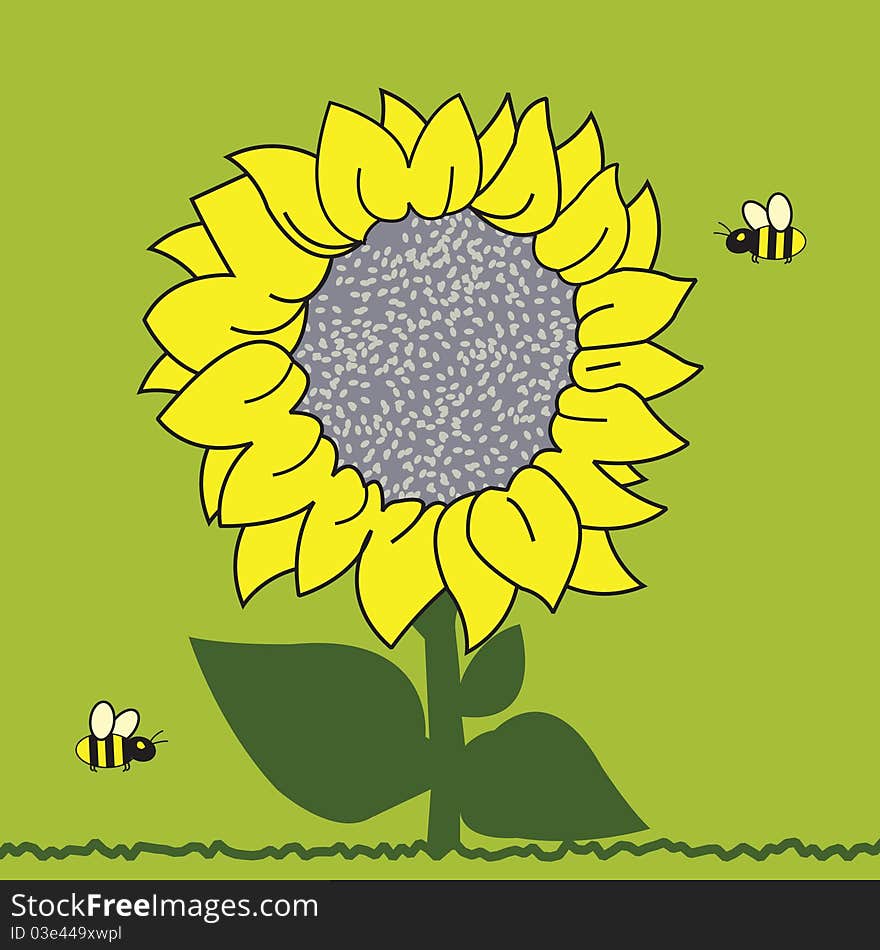 Happy abstract sunflower with bee