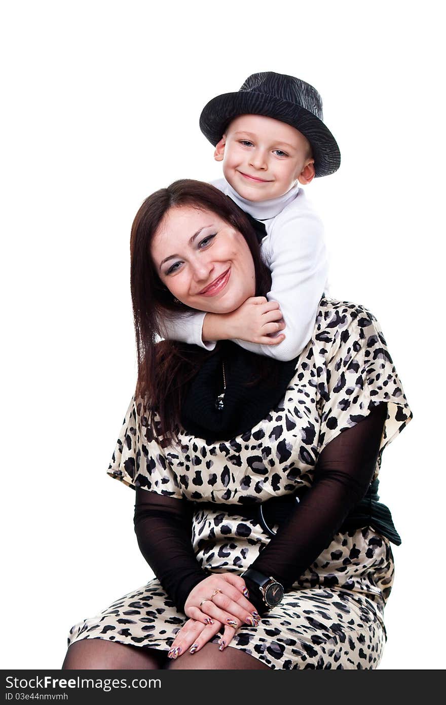 Happy mother with son smiling isolated on white