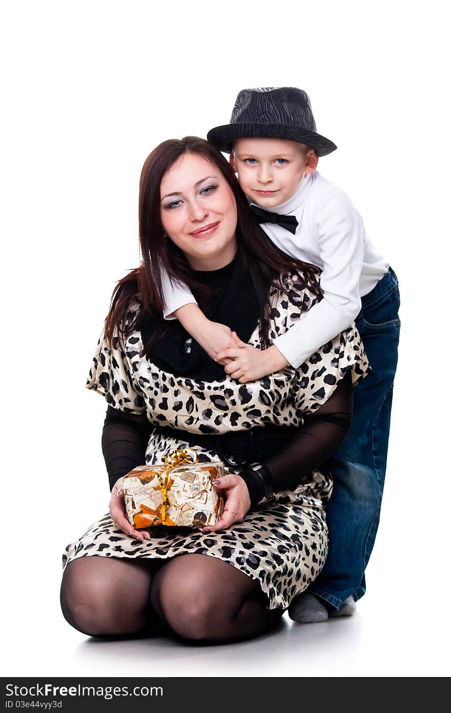 Happy mother with son smiling isolated on white