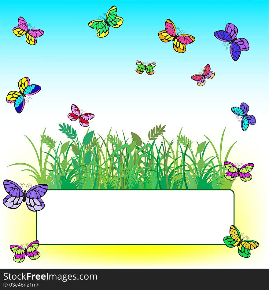 Card with grass and butterflies