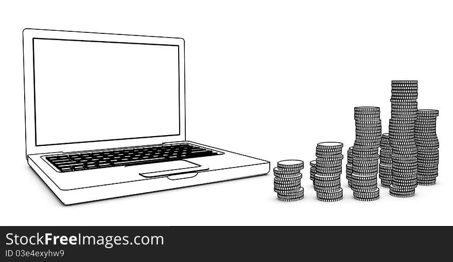 Laptop with coins on wite background