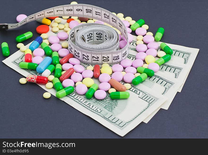 Medical meter and pills on dollars