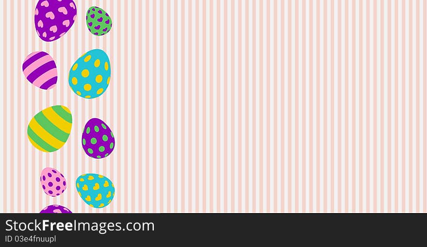 Easter pattern. Colourful eggs on pink-white striped background. Easter pattern. Colourful eggs on pink-white striped background