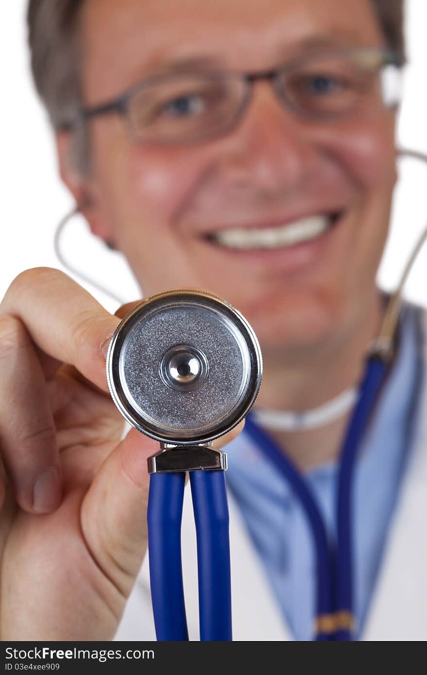 Close-up macro of stethoscope, held by smiling oder male doctor, over white background. Close-up macro of stethoscope, held by smiling oder male doctor, over white background.