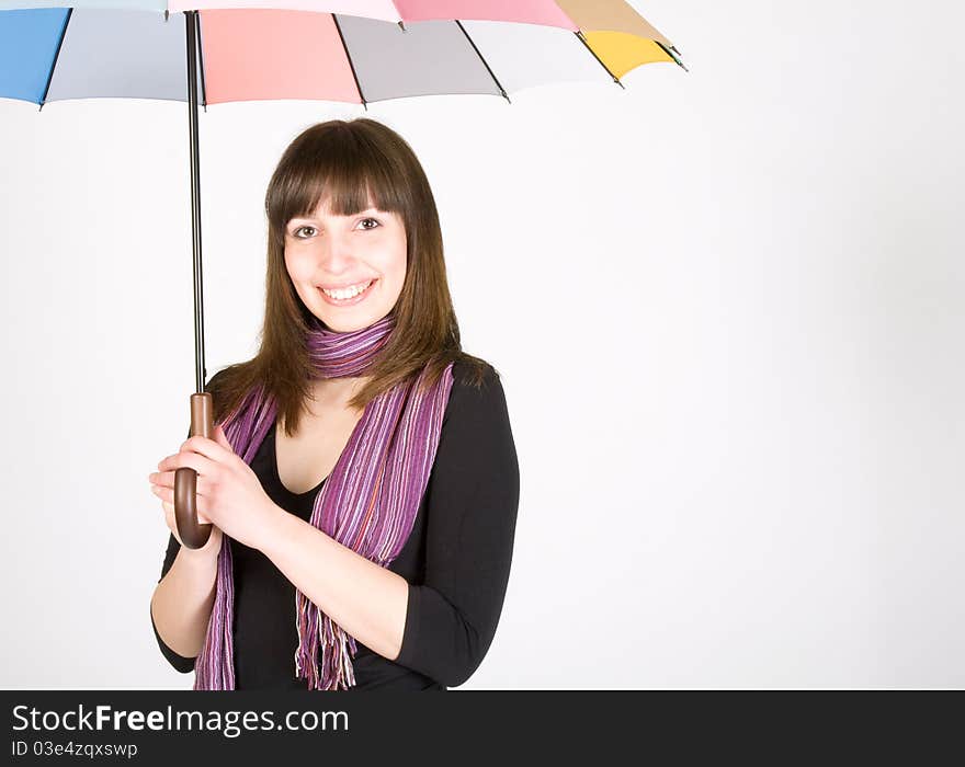 Smiling woman with colorful umbrella. Smiling woman with colorful umbrella