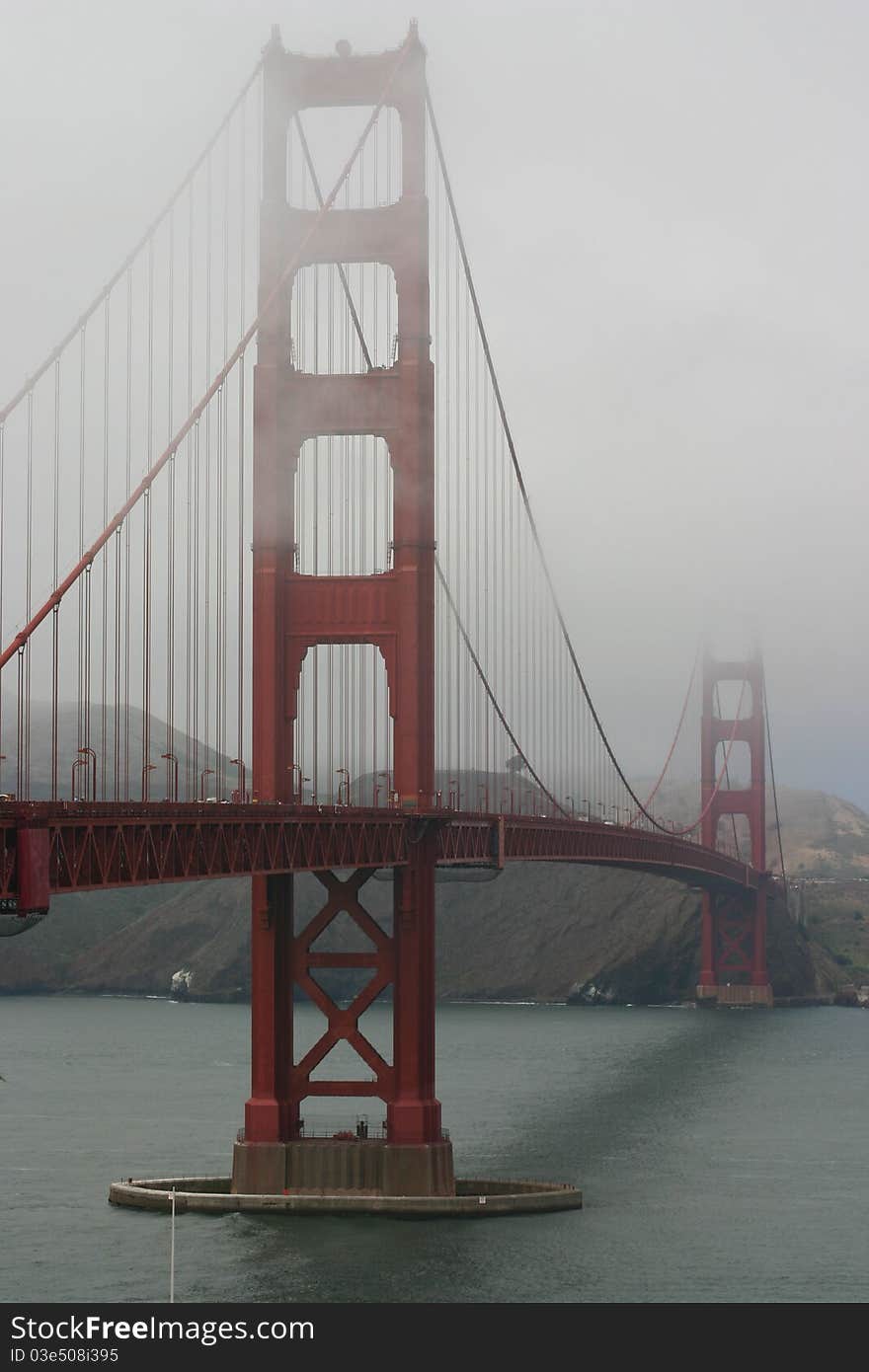 A view of the Golden gate bridge from below.