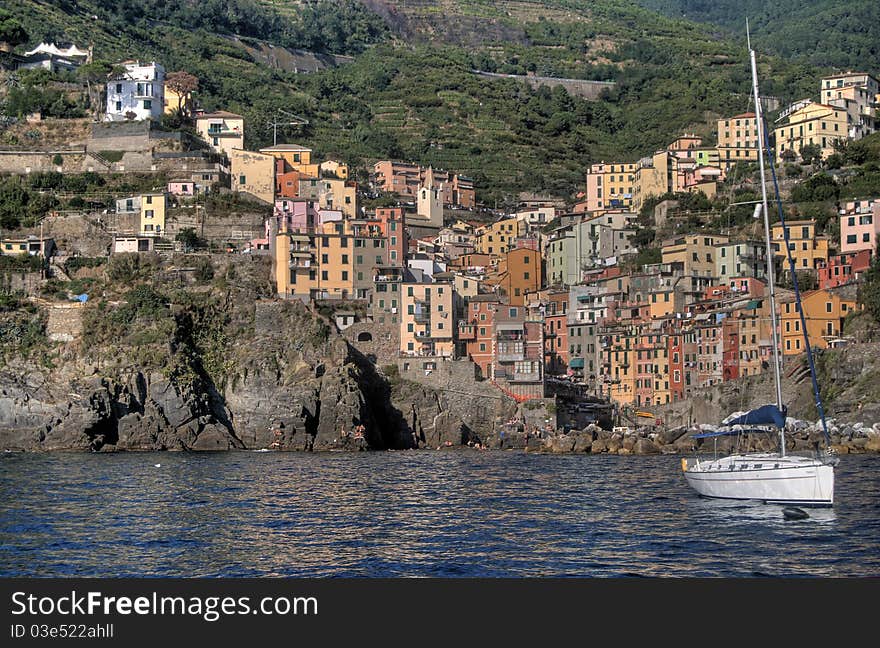 View from the sea of port of Riomaggiore, a town in northeastern Italy in the Liguria region.