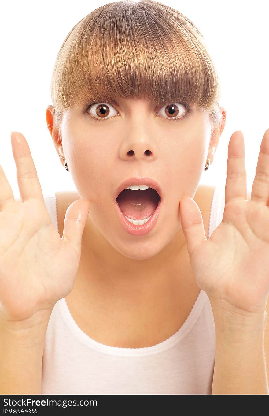 Young girl being frightened or shocked isolated on white