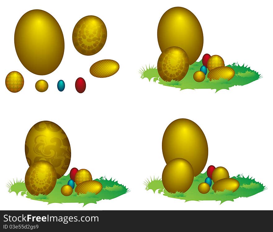 Four sets of five golden, one green egg and one red egg, a total of seven eggs per set against white background.  Eggs are placed on green grass in three of the four sets.  Eggs are isolated in one of the four sets. Four sets of five golden, one green egg and one red egg, a total of seven eggs per set against white background.  Eggs are placed on green grass in three of the four sets.  Eggs are isolated in one of the four sets.