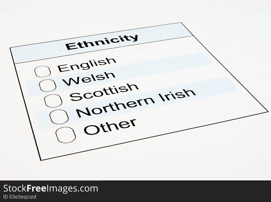 A close up shot of an ethnicity form with UK based ethnicities listed. A close up shot of an ethnicity form with UK based ethnicities listed.