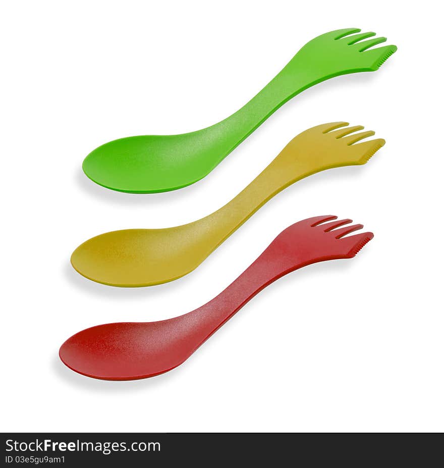 Plastic outdoor sporks combo isolated. Plastic outdoor sporks combo isolated