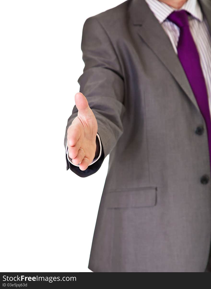 Businessman in suit handshake isolated on white