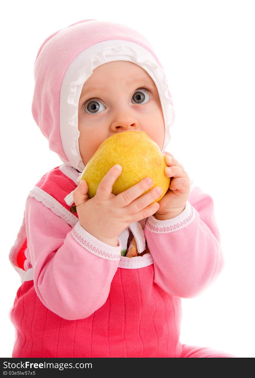 Kid eats on a white background. Kid eats on a white background.