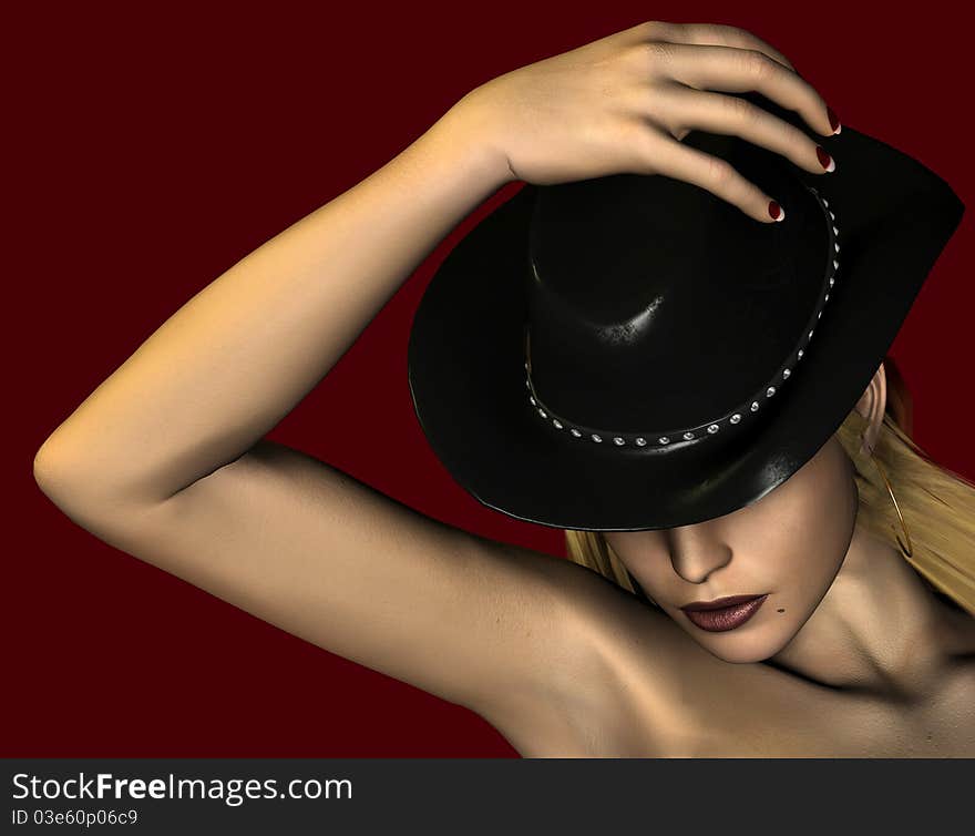 3d rendering of a young woman with a hat as an illustration as a portrait. 3d rendering of a young woman with a hat as an illustration as a portrait