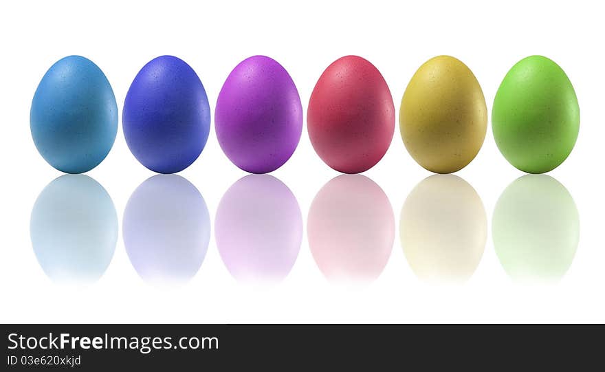 Colored eggs on a white background with reflections on the basis