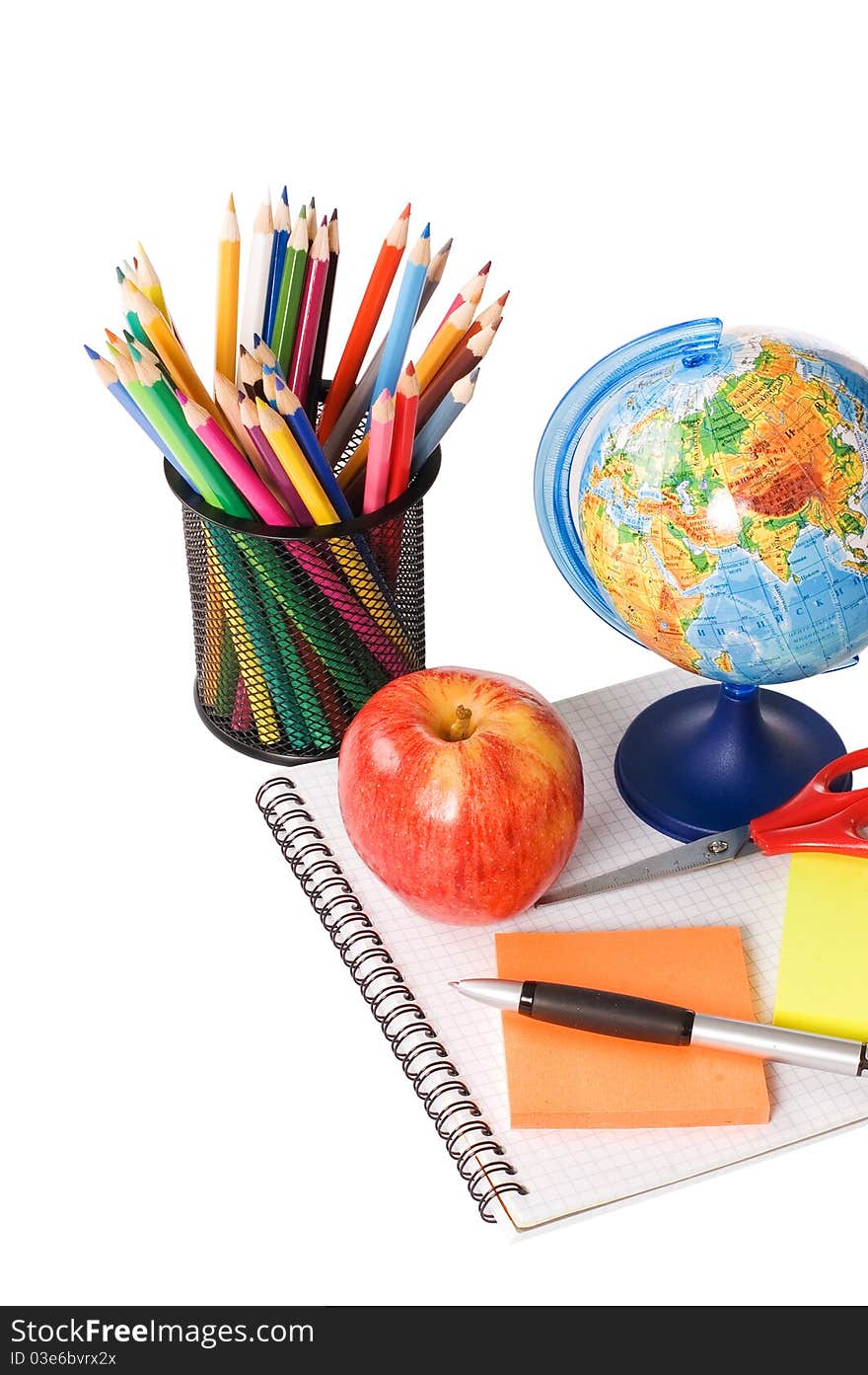 Globe with pencils isolated on a white