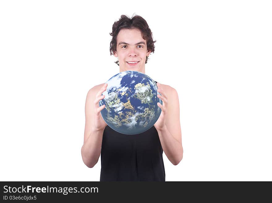 The boy holds the Earth on a white background