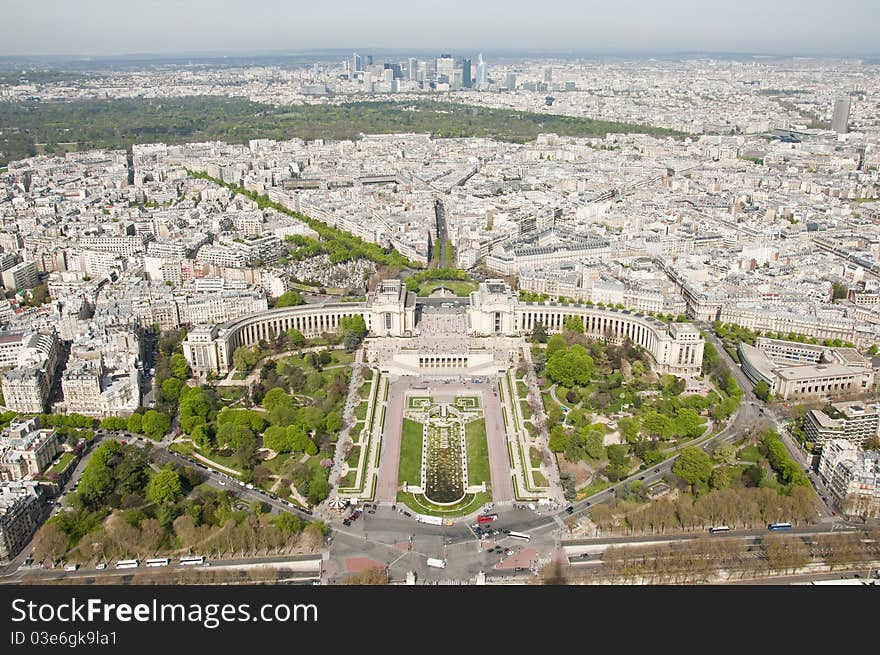 High view of Paris from the Eiffel Tower in spring