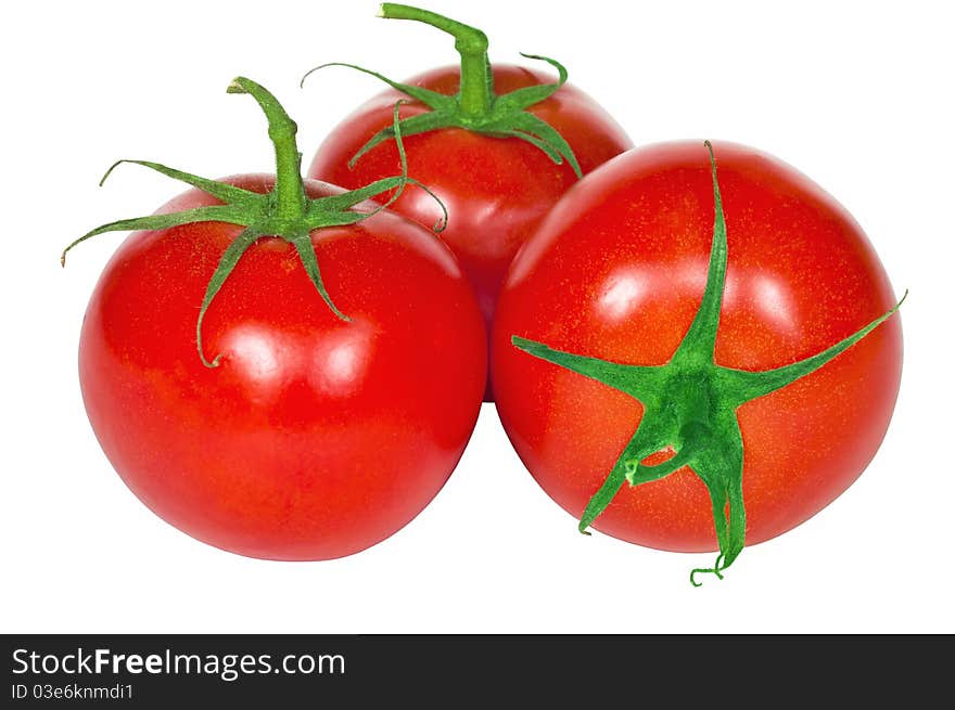 Three fresh tomatoes isolated on the white background.