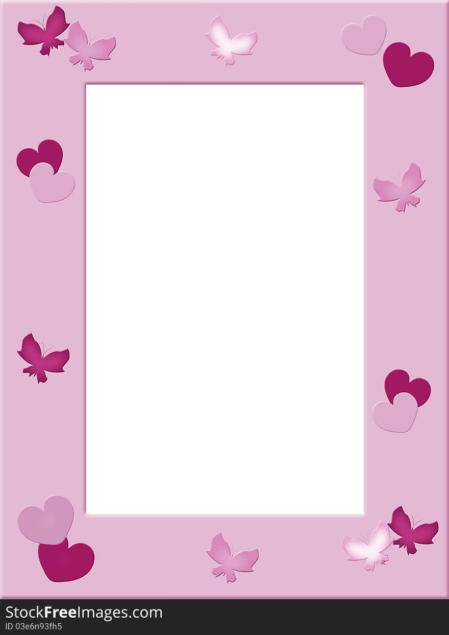 Pink photo frame with hearts and butterflies