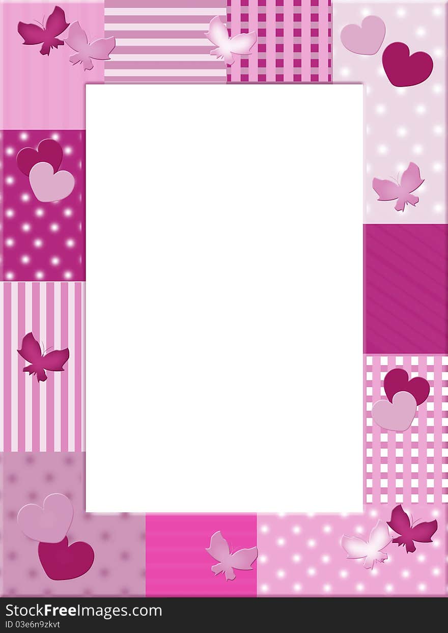 Pink photo frame with hearts and butterflies