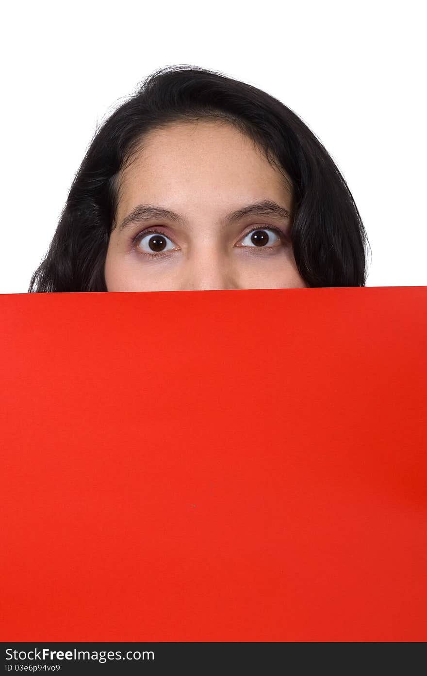 Mixed race caucasian asian woman show red blank paper. Isolated over white background. Mixed race caucasian asian woman show red blank paper. Isolated over white background