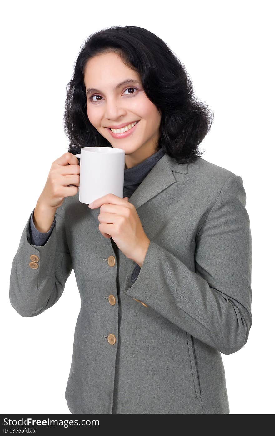 Mixed race caucasian asian business woman drink coffee. Isolated over white background. Mixed race caucasian asian business woman drink coffee. Isolated over white background