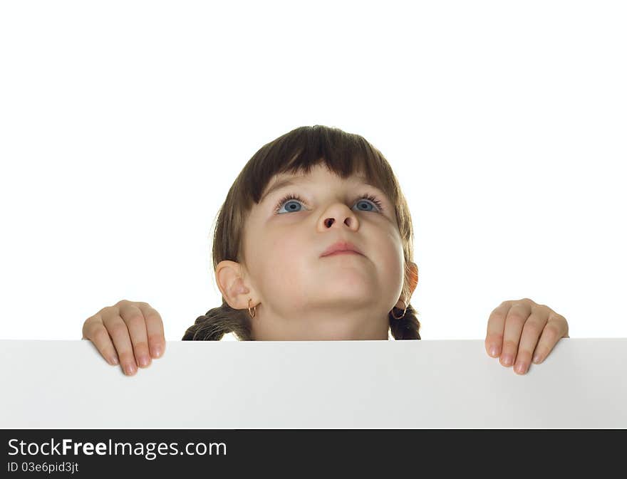 Girl with blank banner isolated over white